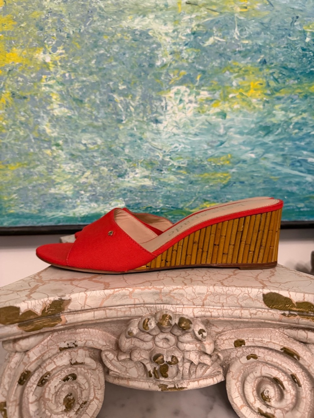 kate spade Red Open-Toe Wedge Slides with Bamboo-Style Heel
